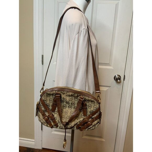 Michael Kors Brown Fabric Signature Monogram Satchel Bag Purse - Picture 3 of 7